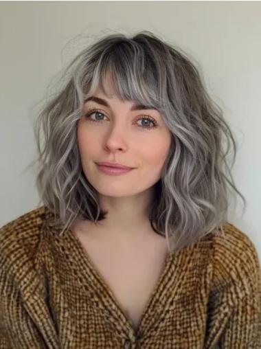Grey Hair Wigs Human Lace Front Wavy With Bangs 14" Shoulder Length Wigs