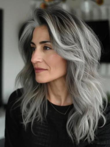 Grey Wigs For Older Women 16" Without Bangs Remy Human Hair Straight Long Wigs