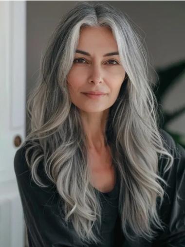 Grey Wigs For Older Women 24" Without Bangs Synthetic Straight Long Wigs