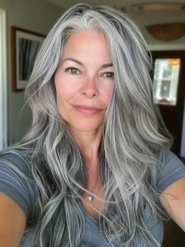Grey Wigs For Older Women 22" Without Bangs Remy Human Hair Straight Long Wigs