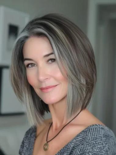 Grey Hair Wigs Human Monofilament Straight Bobs 12" Shoulder Length Wigs