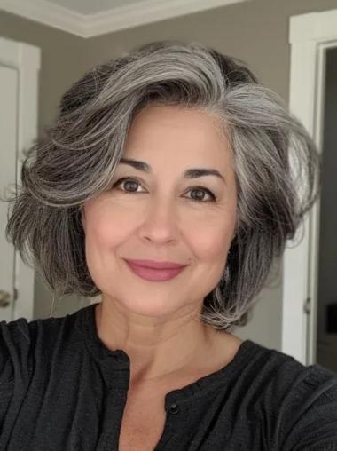 Grey Hair Wigs Human Monofilament Straight Bobs 10" Chin Length Wigs