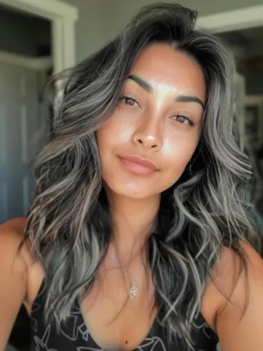 Grey Wigs For Older Women 18" Without Bangs Synthetic Wavy Long Wigs