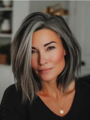 Grey Hair Wigs Human Monofilament Straight Bobs 12" Shoulder Length Wigs