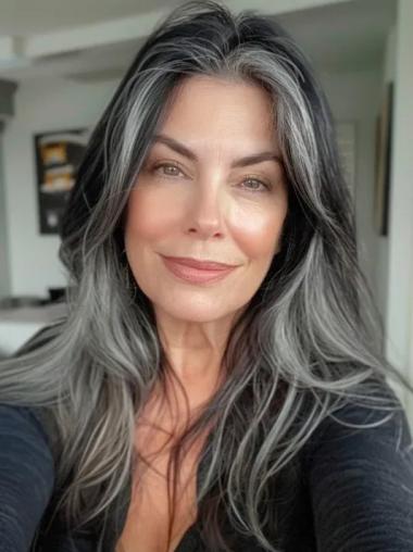 Grey Wigs For Older Women 18" Without Bangs Remy Human Hair Straight Long Wigs