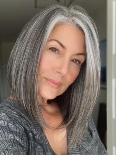 Real Hair Wigs Grey Long Lace Front Without Bangs Straight 16" Wigs