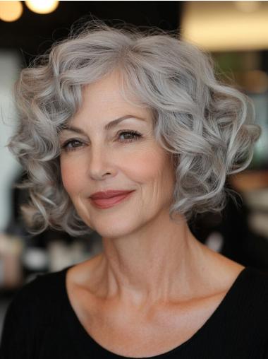 Grey Curly Wigs 10" Synthetic Chin Length Bobs Monofilament Wigs