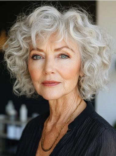 Grey Curly Wigs 10" Remy Human Hair Chin Length Bobs Monofilament Wigs