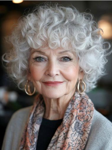 Grey Curly Wigs 10" Remy Human Hair Chin Length With Bangs Lace Front Wigs