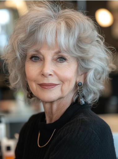 Grey Curly Wigs 10" Remy Human Hair Chin Length With Bangs Monofilament Wigs