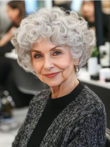 Curly Grey Wigs Chin Length Synthetic 10" Bobs Monofilament Wigs