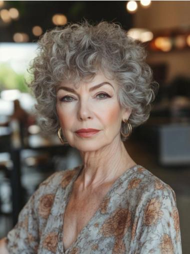 Curly Grey Wigs Chin Length Synthetic 10" Bobs Monofilament Wigs
