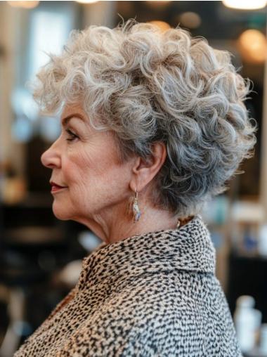 Curly Grey Wigs Chin Length Synthetic 10" Bobs Monofilament Wigs