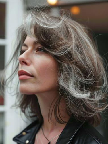 Real Hair Wigs Grey Shoulder Length Monofilament Layered Straight 12" Wigs