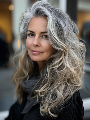 Silver Grey Real Hair Wigs Without Bangs Monofilament Long Wavy 18" Wigs
