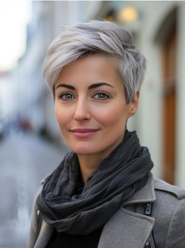Grey Pixie Wigs Remy Human Hair Boycuts Short 6" Monofilament Wigs