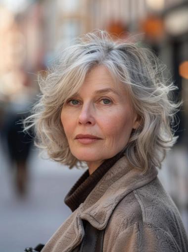 Grey Synthetic Wig Wavy Bobs 12" Monofilament Shoulder Length Wigs