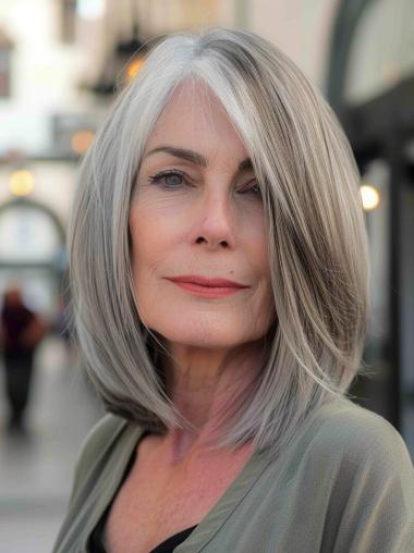 Grey Synthetic Wig Straight Without Bangs 12" Monofilament Shoulder Length Wigs