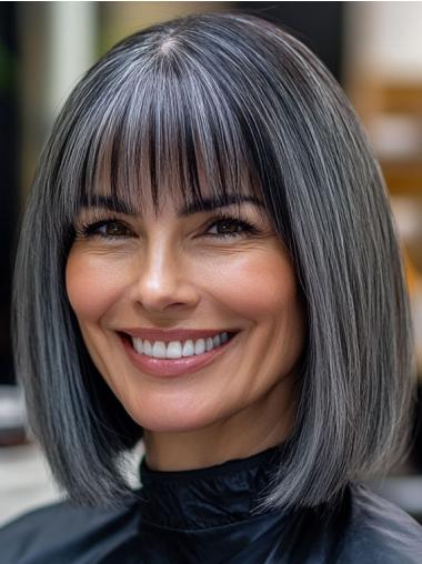 Wigs With Grey Hair Monofilament Straight 12" Shoulder Length With Bangs Wigs