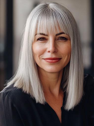 Grey Lace Front Wigs With Bangs Synthetic 14" Shoulder Length Straight Wigs