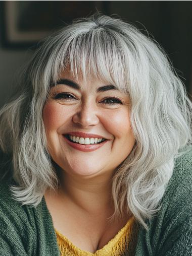 Grey Bob Wig Human Hair Shoulder Length Wavy Monofilament 14" Wigs