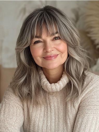 Grey Wigs With Bangs Wavy Remy Human Hair Long Lace Front 16" Wigs