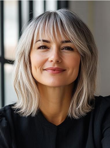Wigs Silver Grey Straight With Bangs 14" Monofilament Shoulder Length Wigs