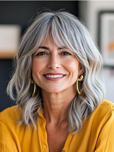 Wigs Silver Grey Straight With Bangs 16" Monofilament Long Wigs