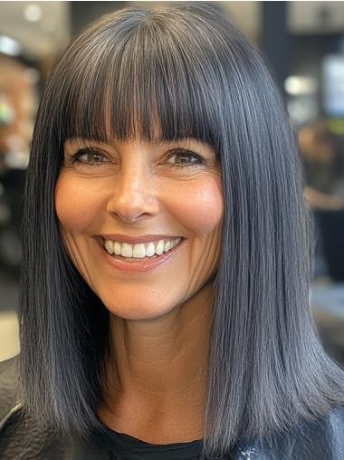 Grey Wigs With Bangs Straight Remy Human Hair Shoulder Length Lace Front 14" Wigs