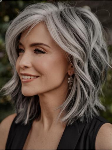 Silver Grey Real Hair Wigs Without Bangs Monofilament Shoulder Length Wavy 12" Wigs