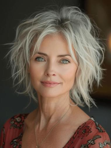 Wigs Silver Grey Straight Layered 12" Monofilament Shoulder Length Wigs