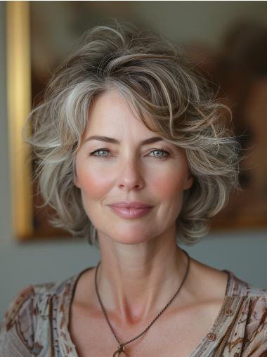 Grey Lace Front Wigs Bobs Remy Human Hair 12" Shoulder Length Wavy Wigs