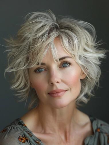 Human Hair Wigs Grey 10" Chin Length Bobs Monofilament Wavy Wigs