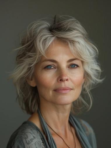 Human Hair Wigs Grey 12" Shoulder Length Without Bangs Lace Front Wavy Wigs