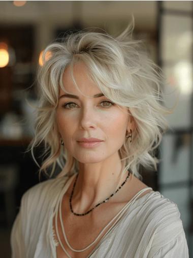 Human Hair Wigs Grey 12" Shoulder Length Layered Lace Front Straight Wigs