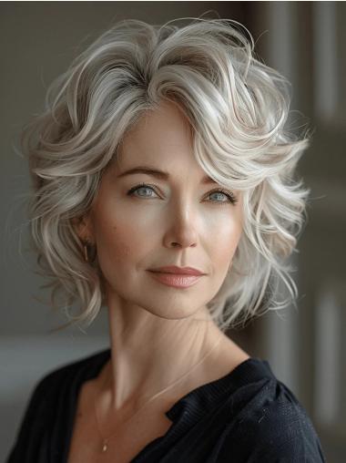White Grey Wigs Lace Front Shoulder Length 12" Bobs Wavy Synthetic Wigs