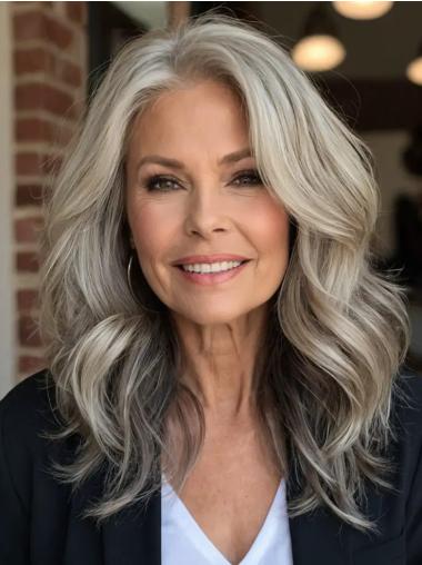 Grey Long Wig Lace Front Without Bangs 16" Remy Human Hair Wavy Wigs
