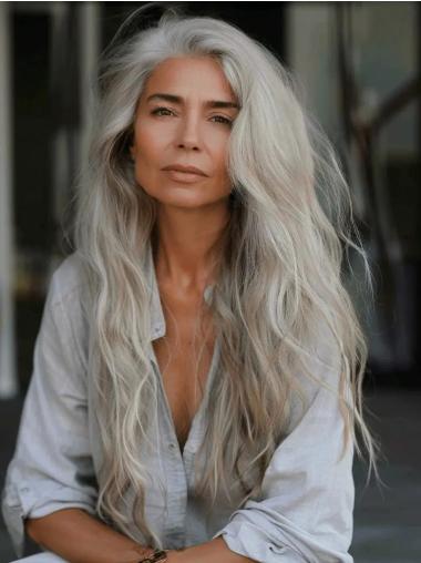 Grey Long Wig Monofilament Without Bangs 26" Synthetic Straight Wigs