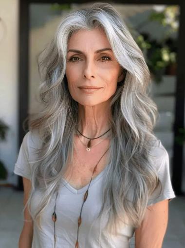Grey Long Wig Monofilament Without Bangs 24" Synthetic Straight Wigs