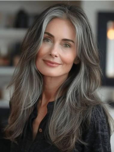 Grey Long Wig Lace Front Layered 20" Remy Human Hair Straight Wigs