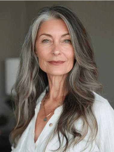 Ash Grey Wig Remy Human Hair Without Bangs Straight 22" Monofilament Wigs