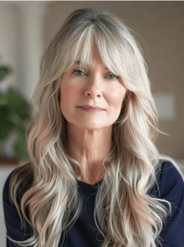 White Grey Wigs Lace Front Long 22" With Bangs Straight Synthetic Wigs