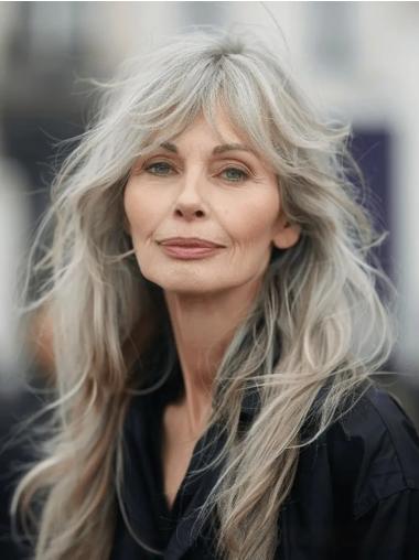 White Grey Wigs Monofilament Long 22" With Bangs Straight Synthetic Wigs