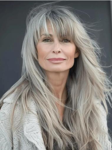 Ash Grey Wig Synthetic With Bangs Straight 22" Lace Front Wigs
