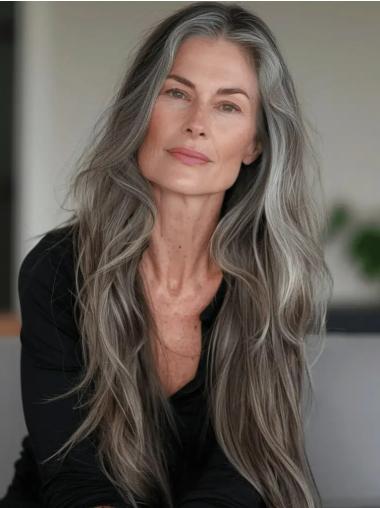 Ash Grey Wig Remy Human Hair Without Bangs Straight 26" Monofilament Wigs