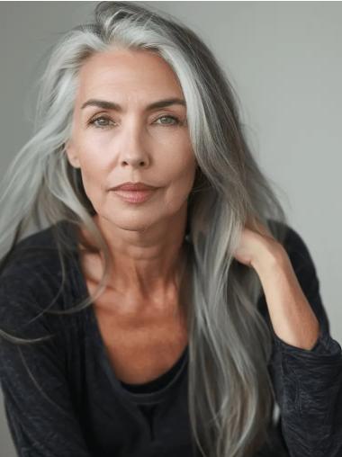 Ash Grey Wig Remy Human Hair Without Bangs Straight 24" Lace Front Wigs