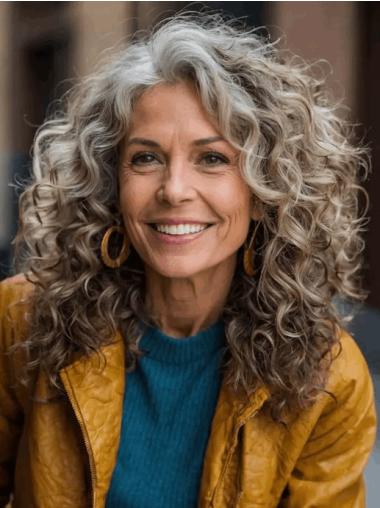 Curly Grey Wigs Long Remy Human Hair 16" Without Bangs Lace Front Wigs