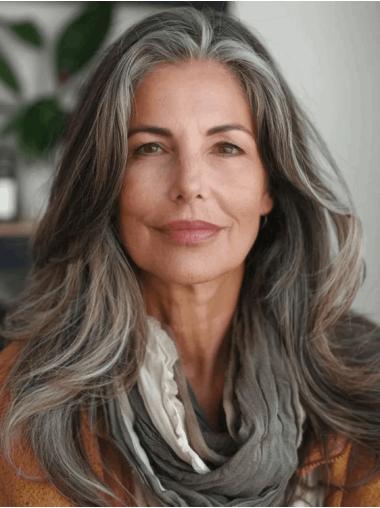 Wig Grey Hair Straight Without Bangs 18" Long Lace Front Wigs