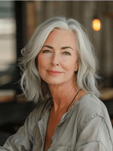 Silver Grey Real Hair Wigs Bobs Lace Front Shoulder Length Straight 12" Wigs