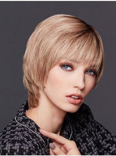 10" Chin Length Straight Blonde Remy Human Hair With Bangs Ladies Monofilament Wigs